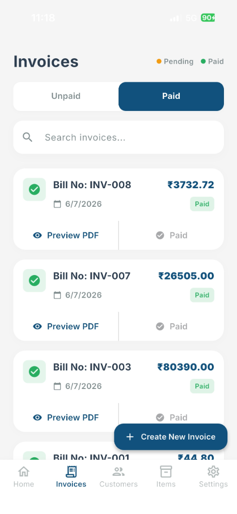 Paid Invoices list