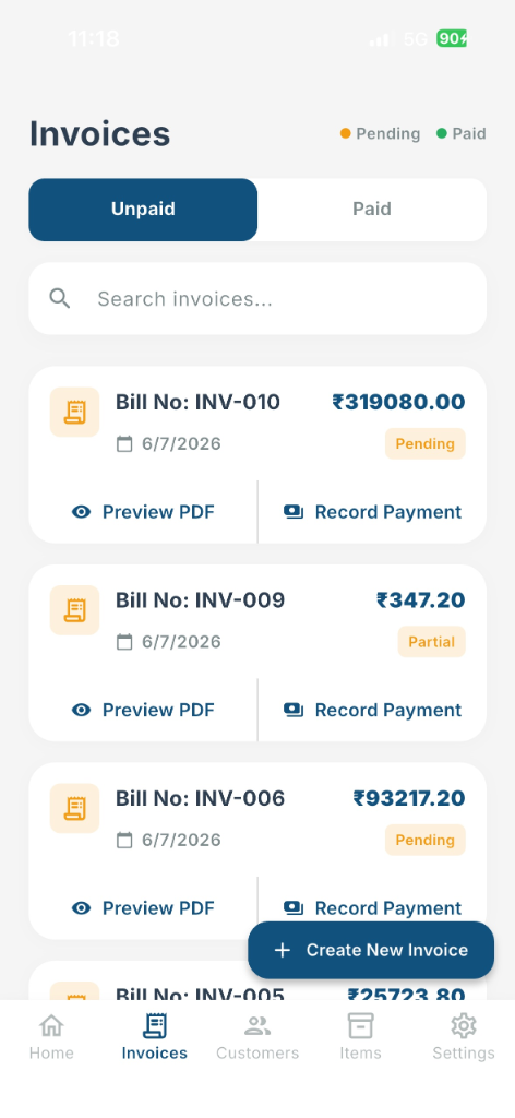 Unpaid Invoices list