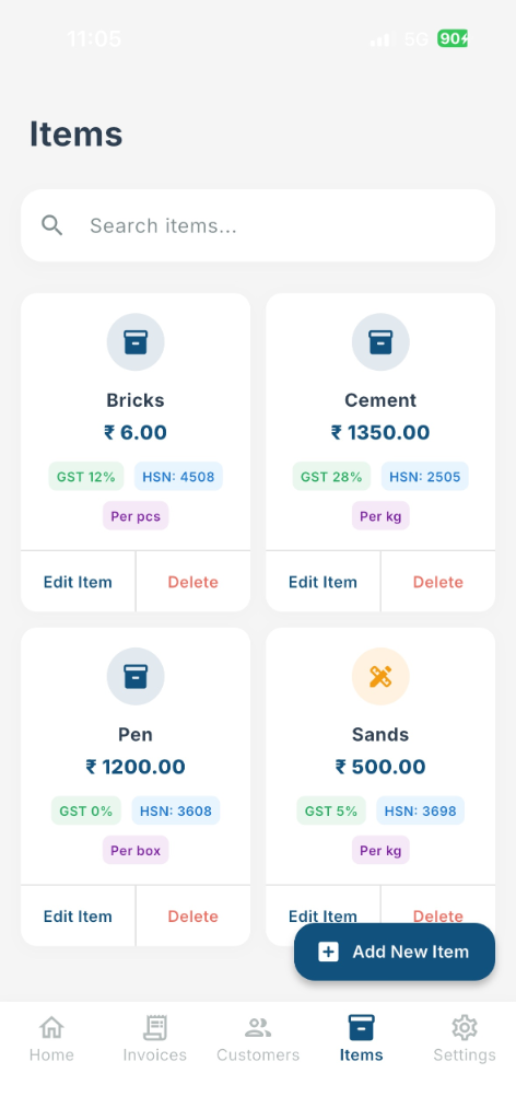 Items list
